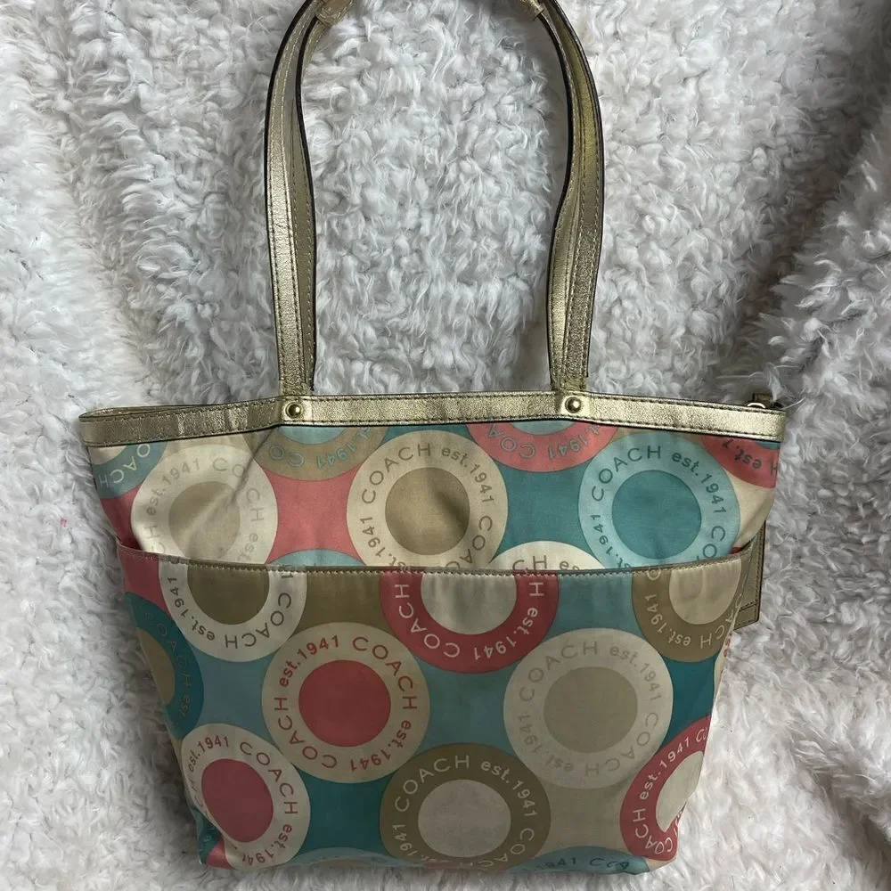 Coach satin scarf print 1941 beige ,khaki,peach & mint green color small tote. - Picture 13 of 16